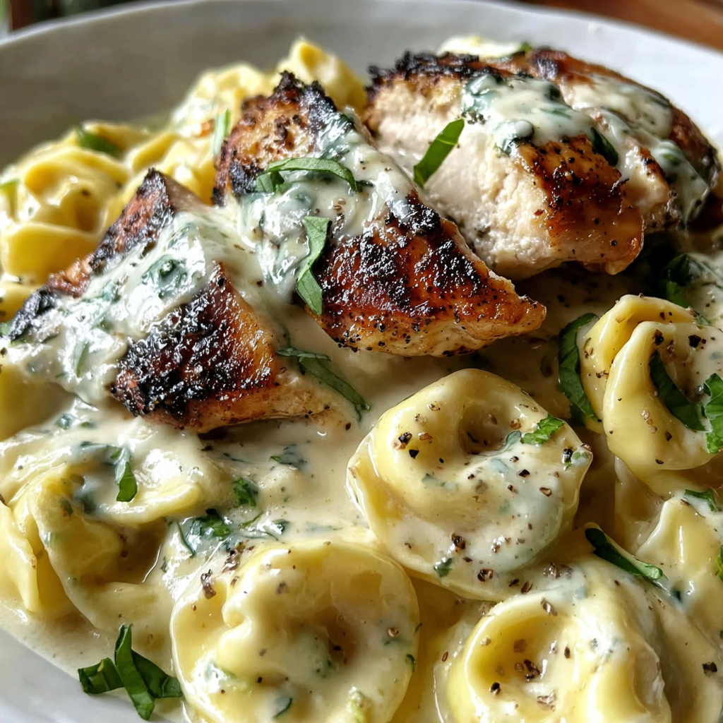 Creamy Asiago Tortellini Alfredo with Grilled Chicken