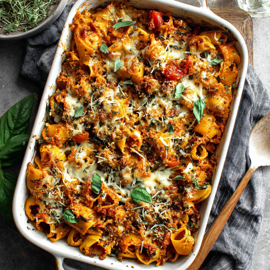 Savor a Cozy Pasta Bake with Pumpkin Tomato Sauce