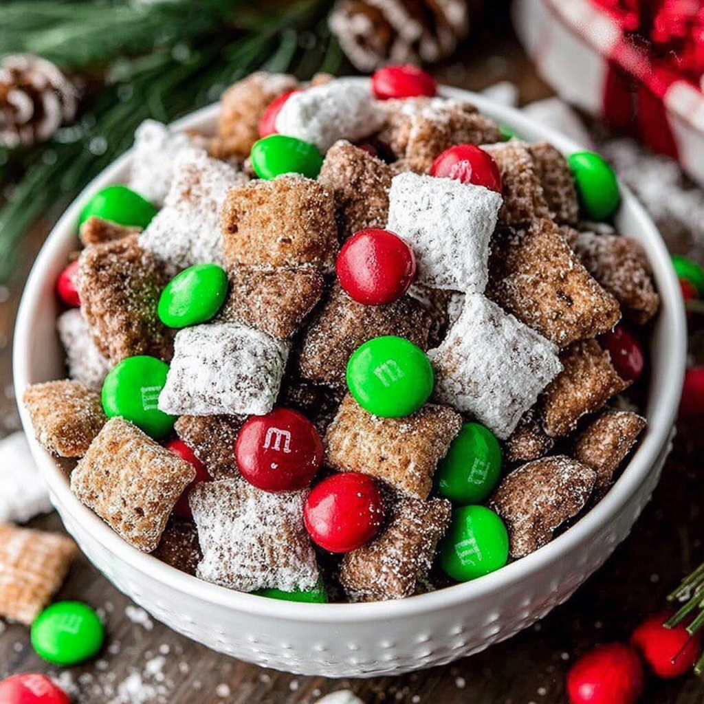 Festive Holiday Puppy Chow with M&Ms