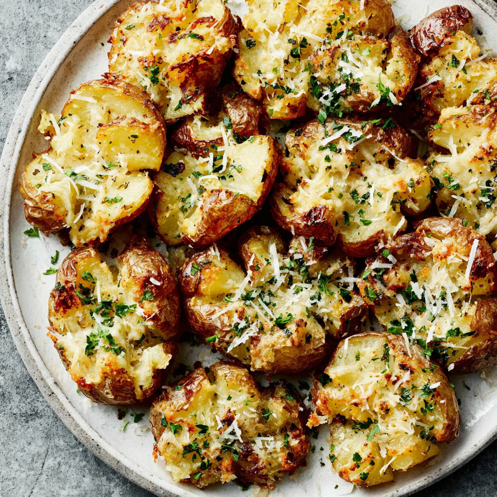 Savory Garlic Parmesan Smashed Potatoes Recipe