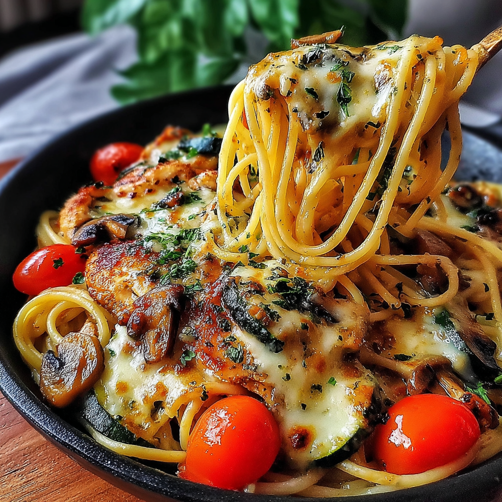 Cheesy Chicken Garlic Butter Roasted Veggie Spaghetti
