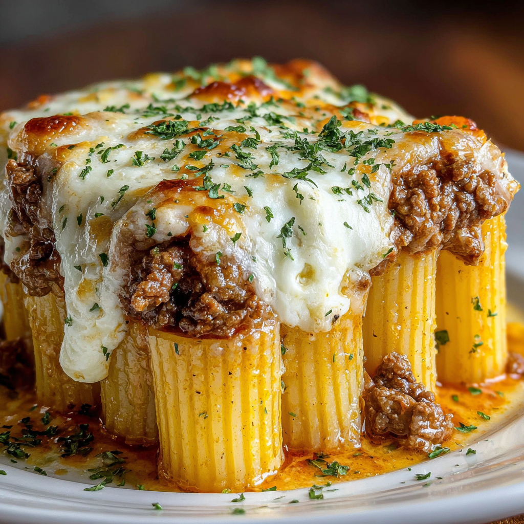 Baked Rigatoni Stuffed with Beef Ragu and Mozzarella