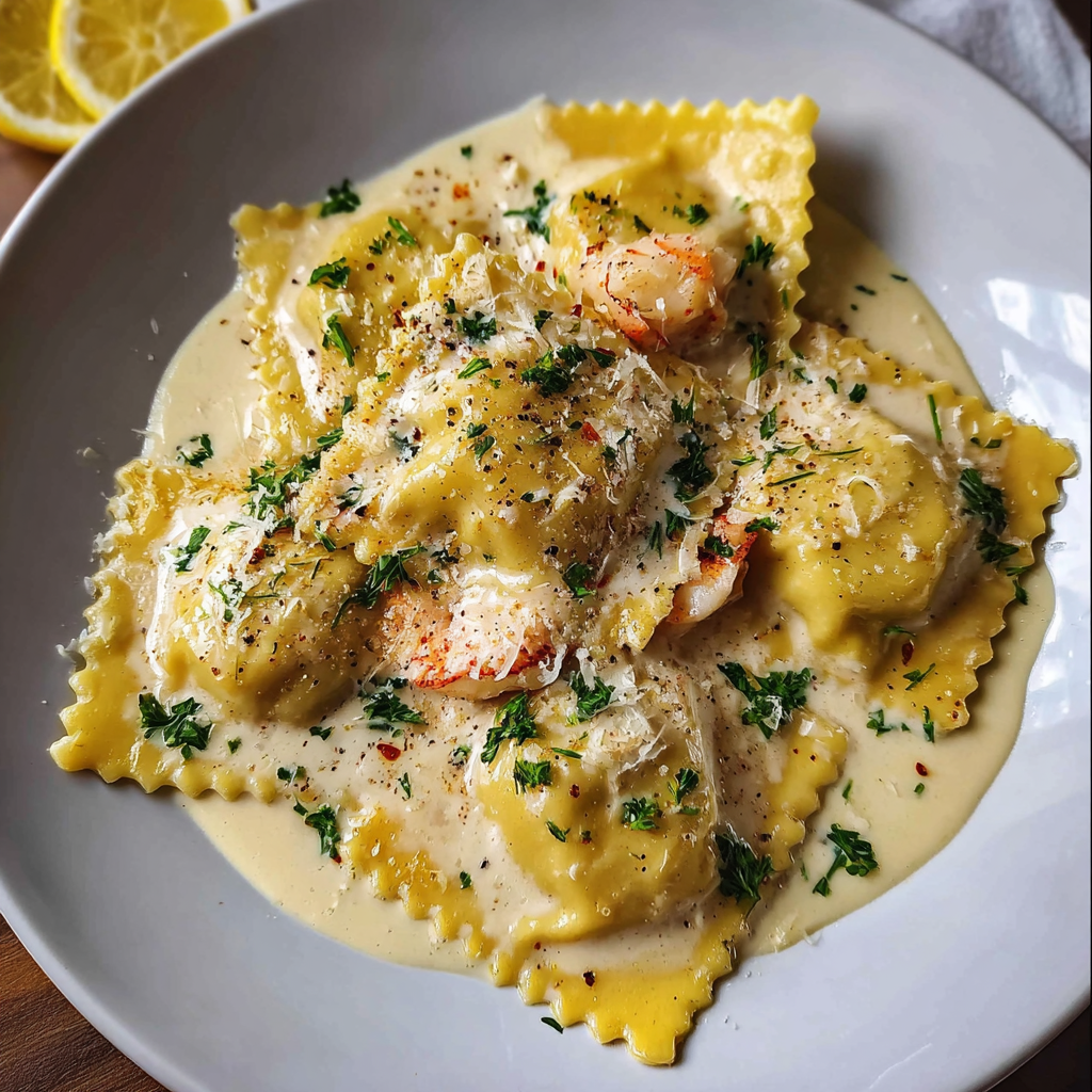 Lobster Ravioli with Garlic Lemon Cream Sauce