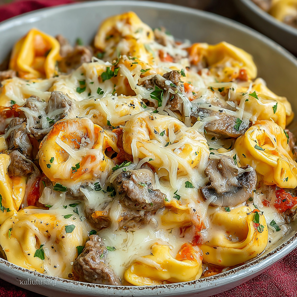 Philly Cheesesteak Tortellini Pasta Dish